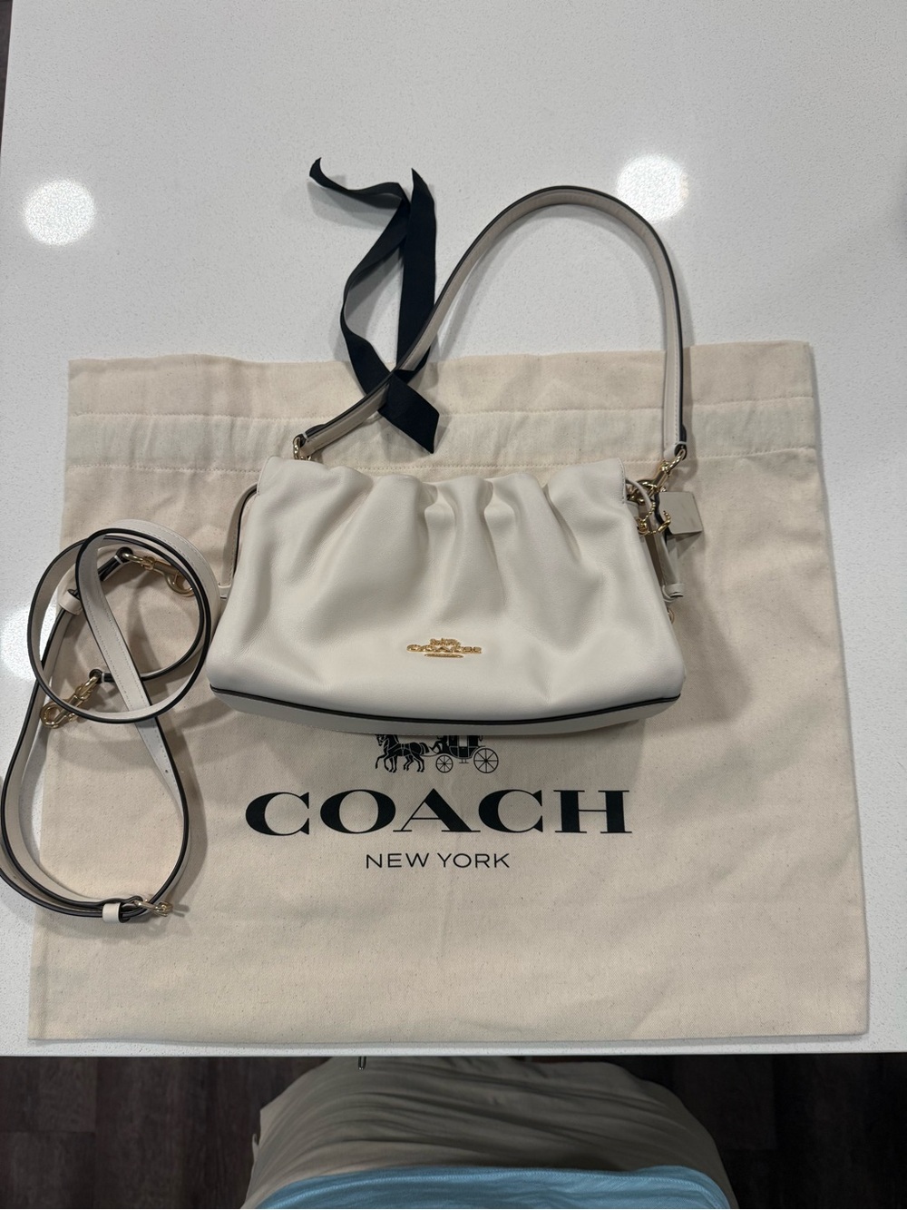 Coach Faye Cream Leather Ruched Crossbody with Gold Hardware